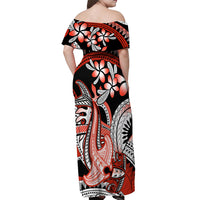 Red Polynesian Off Shoulder Maxi Dress Hammerhead Shark Tattoo Royal Plumeria Gradient Vibes LT14 - Polynesian Pride