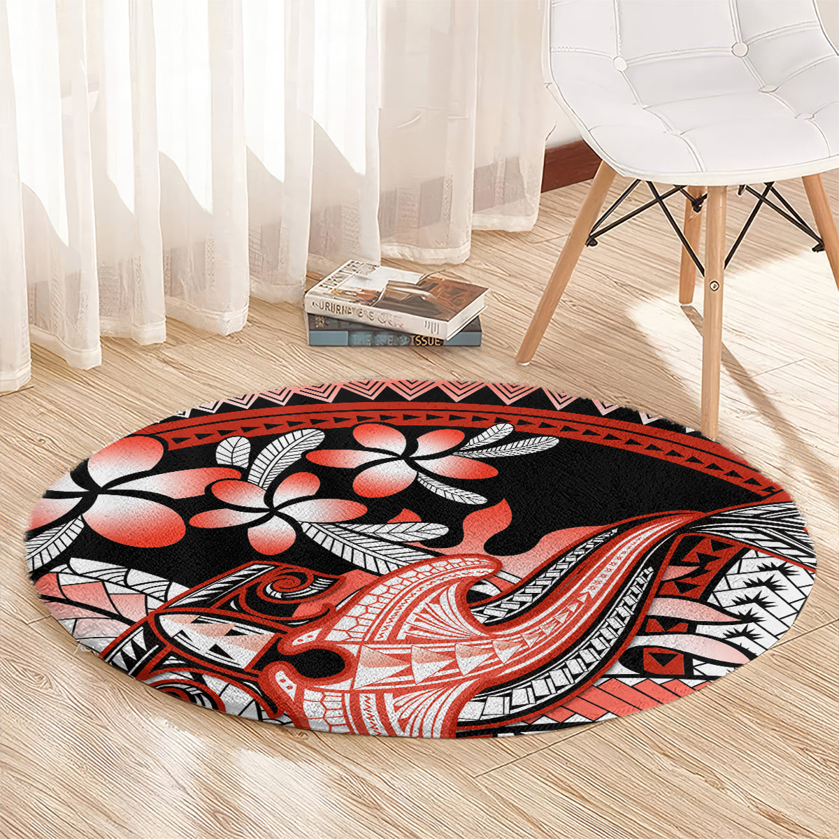 Red Polynesian Round Carpet Hammerhead Shark Tattoo Royal Plumeria Gradient Vibes LT14 - Polynesian Pride