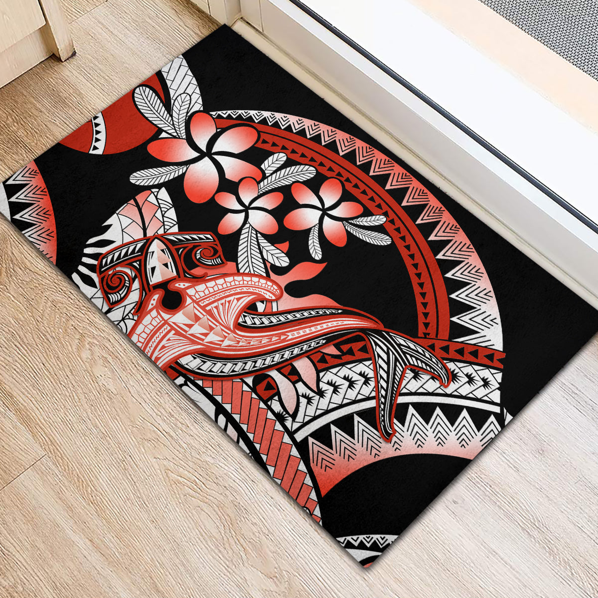 Red Polynesian Rubber Doormat Hammerhead Shark Tattoo Royal Plumeria Gradient Vibes LT14 - Polynesian Pride