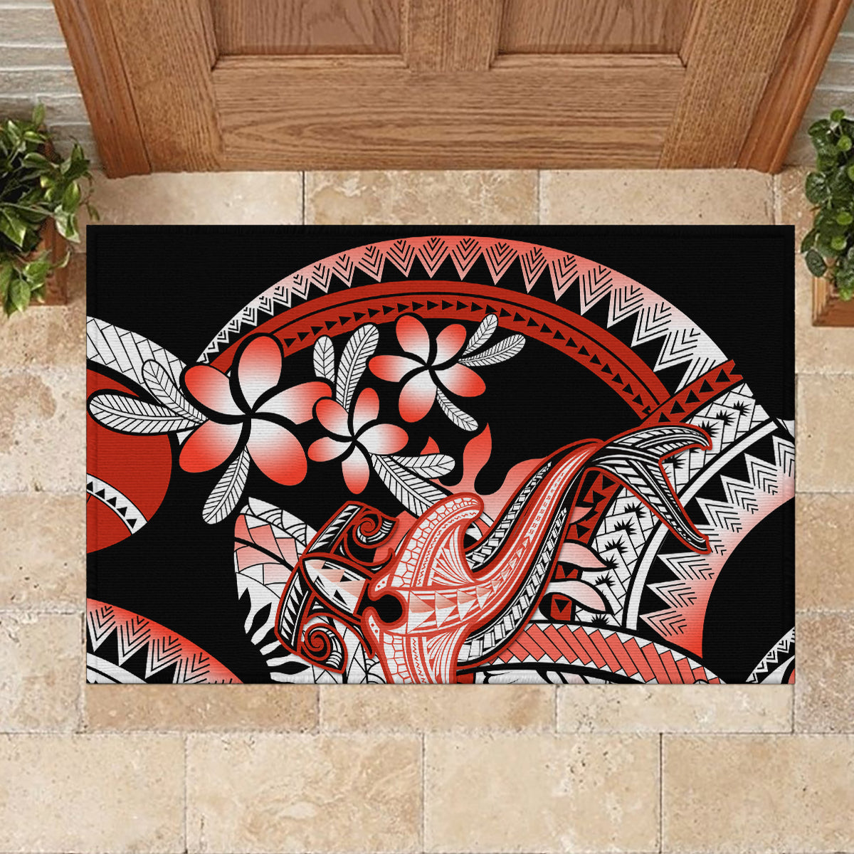 Red Polynesian Rubber Doormat Hammerhead Shark Tattoo Royal Plumeria Gradient Vibes LT14 - Polynesian Pride