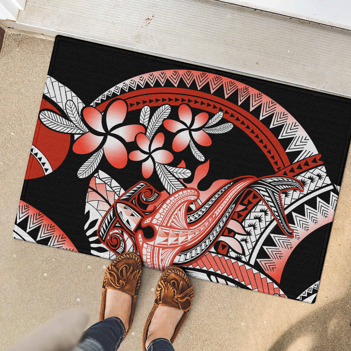 Red Polynesian Rubber Doormat Hammerhead Shark Tattoo Royal Plumeria Gradient Vibes LT14 - Polynesian Pride