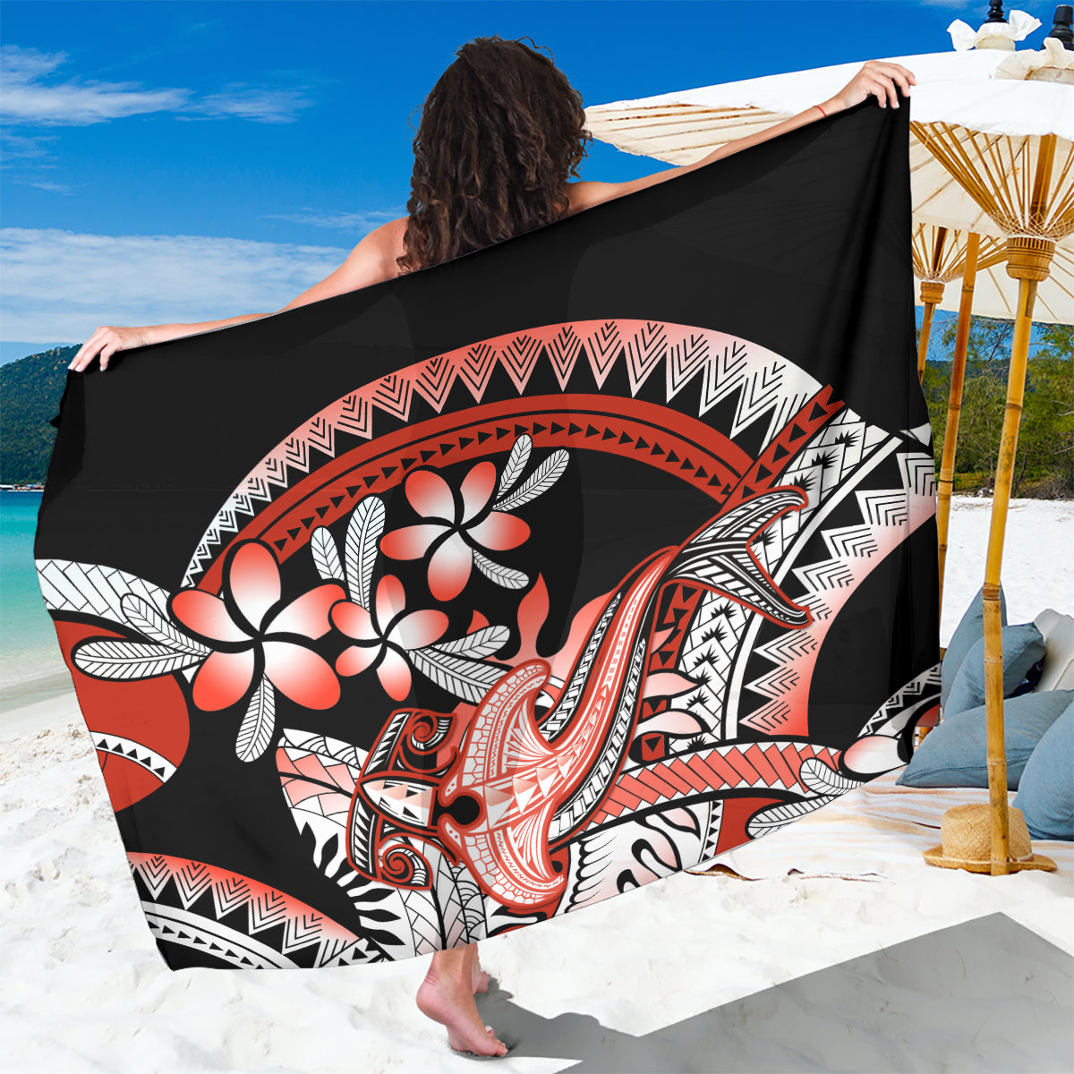 Red Polynesian Sarong Hammerhead Shark Tattoo Royal Plumeria Gradient Vibes LT14 One Size 44 x 66 inches Red - Polynesian Pride