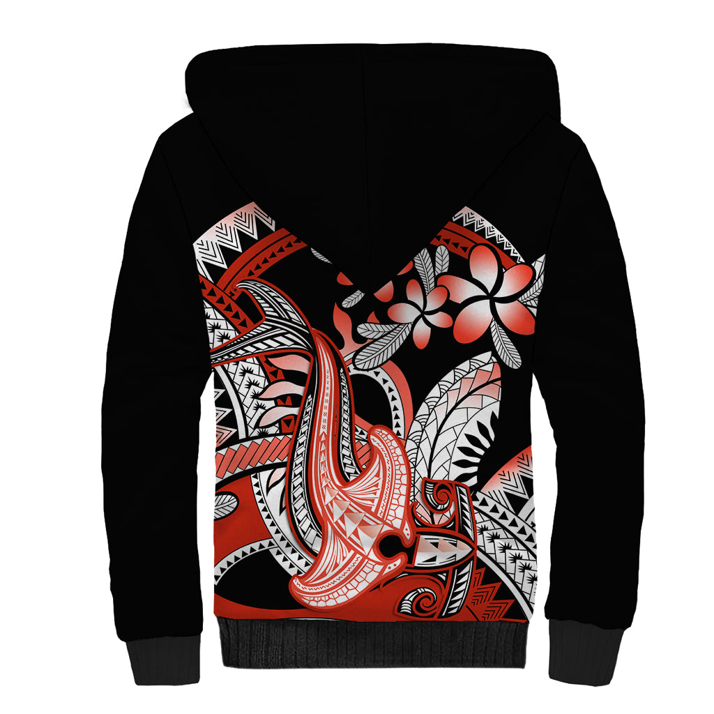 Red Polynesian Sherpa Hoodie Hammerhead Shark Tattoo Royal Plumeria Gradient Vibes LT14 - Polynesian Pride
