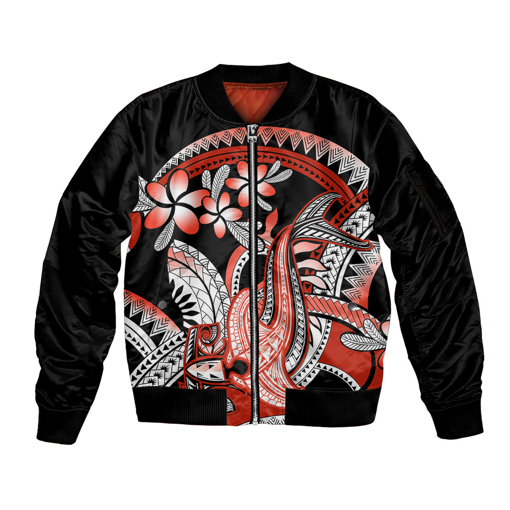 Red Polynesian Sleeve Zip Bomber Jacket Hammerhead Shark Tattoo Royal Plumeria Gradient Vibes LT14 Unisex Red - Polynesian Pride