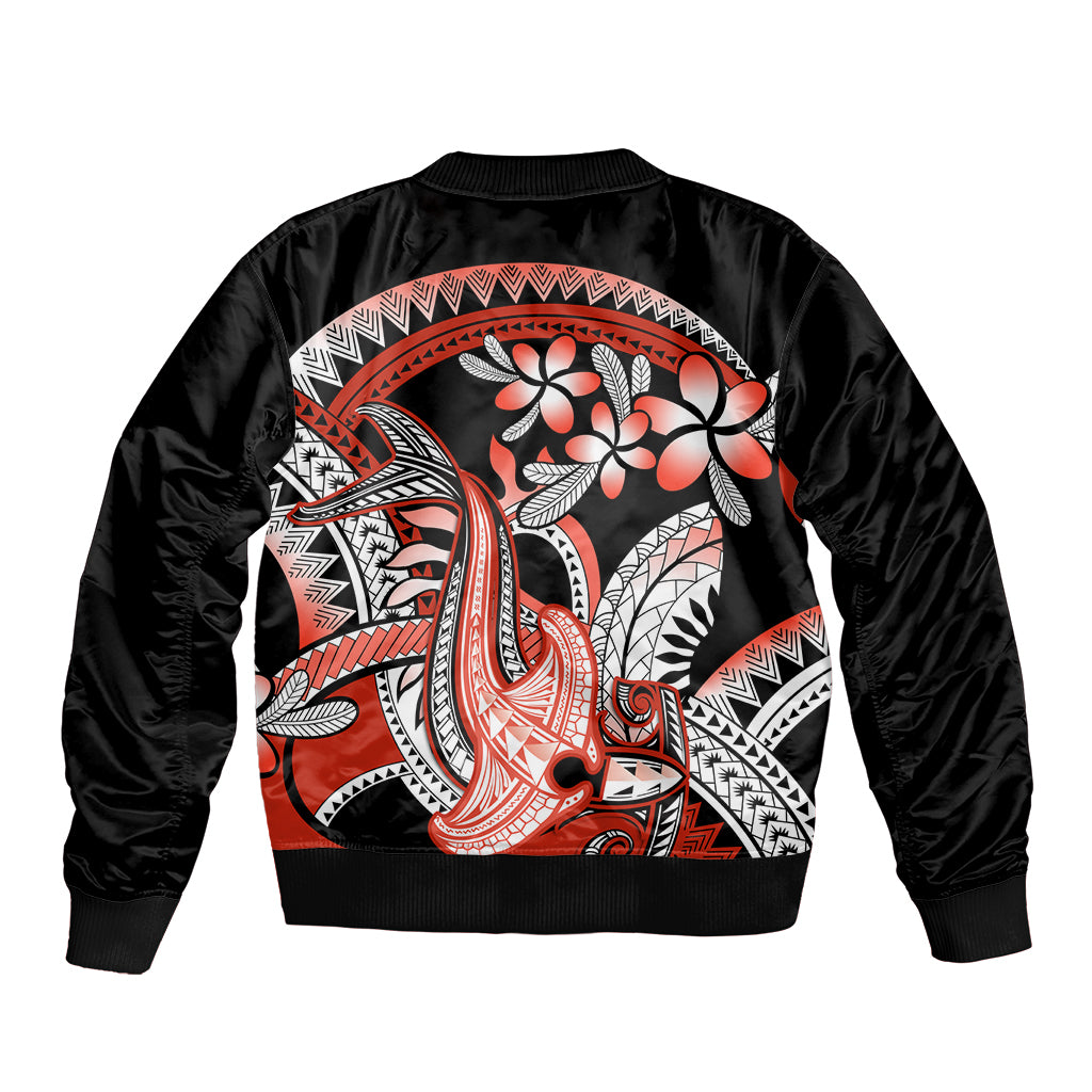 Red Polynesian Sleeve Zip Bomber Jacket Hammerhead Shark Tattoo Royal Plumeria Gradient Vibes LT14 - Polynesian Pride