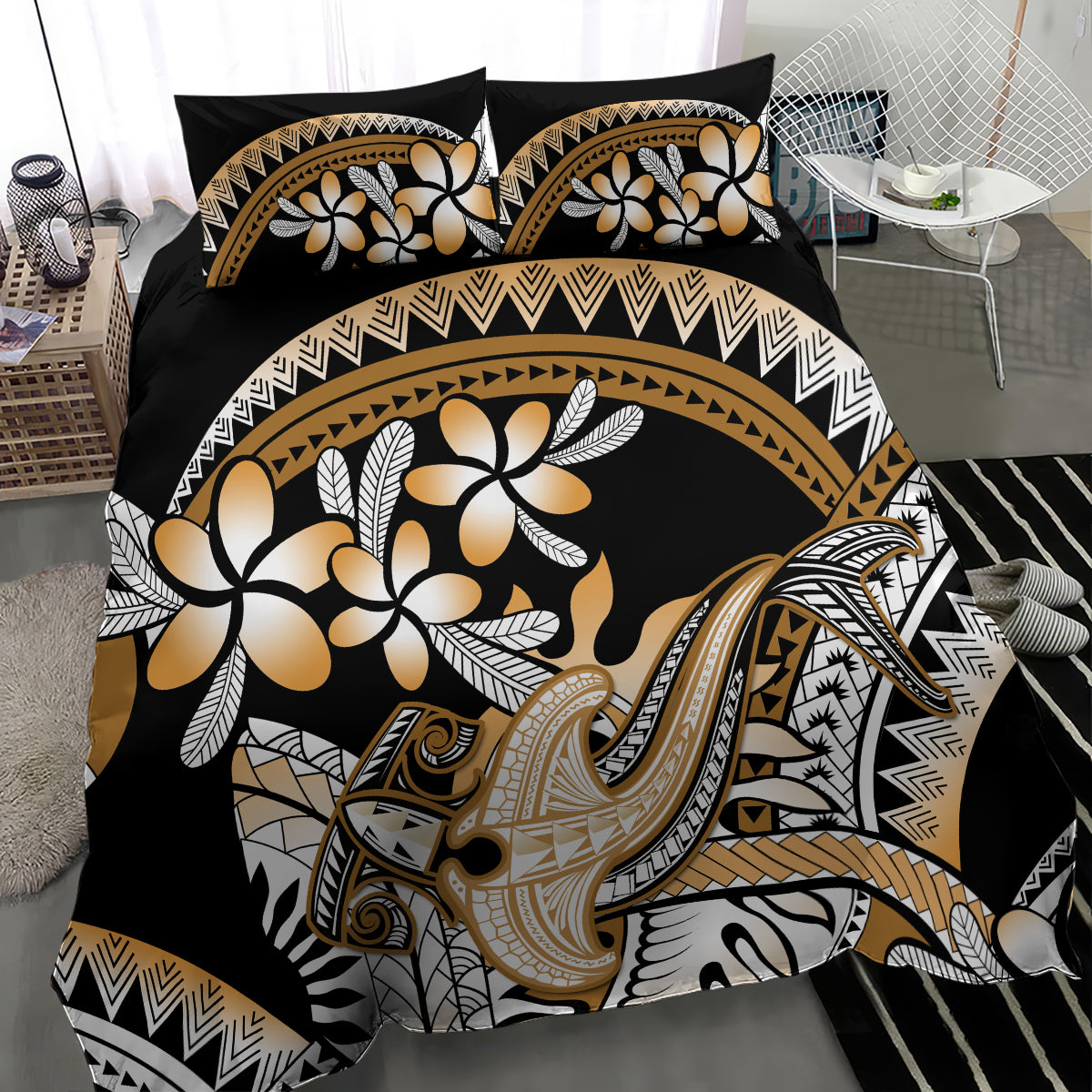 Gold Polynesian Hammerhead Shark Tattoo Bedding Set Royal Plumeria Gradient Vibes LT14 - Polynesian Pride