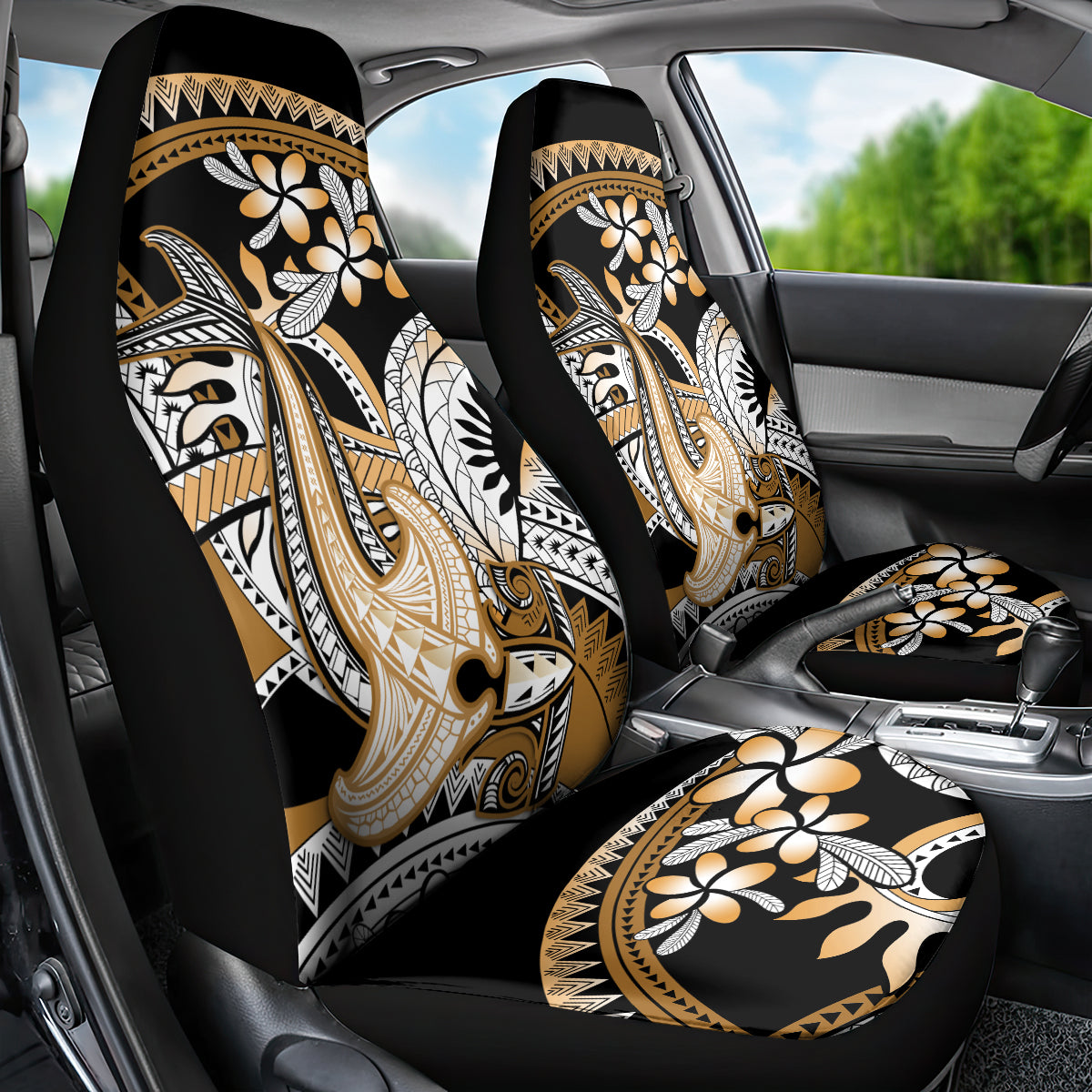Gold Polynesian Hammerhead Shark Tattoo Car Seat Cover Royal Plumeria Gradient Vibes LT14 - Polynesian Pride