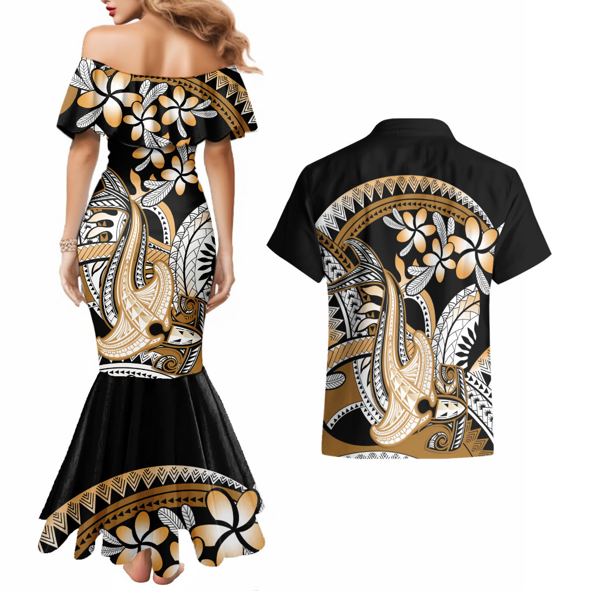Gold Polynesian Hammerhead Shark Tattoo Couples Matching Mermaid Dress and Hawaiian Shirt Royal Plumeria Gradient Vibes LT14 - Polynesian Pride