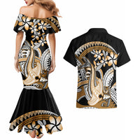 Gold Polynesian Hammerhead Shark Tattoo Couples Matching Mermaid Dress and Hawaiian Shirt Royal Plumeria Gradient Vibes LT14 - Polynesian Pride