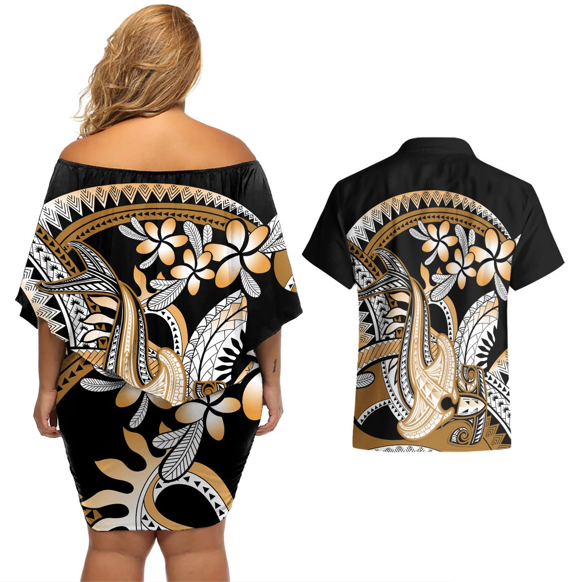 Gold Polynesian Hammerhead Shark Tattoo Couples Matching Off Shoulder Short Dress and Hawaiian Shirt Royal Plumeria Gradient Vibes LT14 - Polynesian Pride