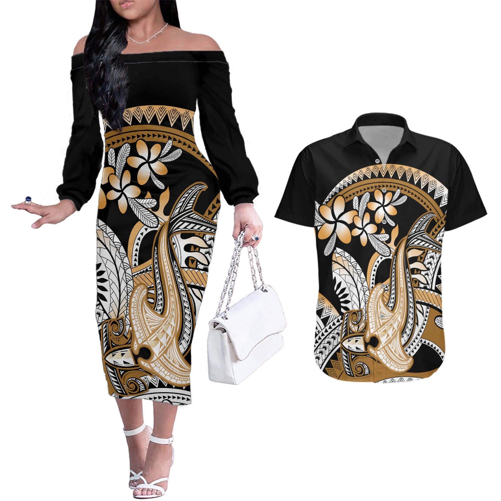 Gold Polynesian Hammerhead Shark Tattoo Couples Matching Off The Shoulder Long Sleeve Dress and Hawaiian Shirt Royal Plumeria Gradient Vibes LT14 Gold - Polynesian Pride
