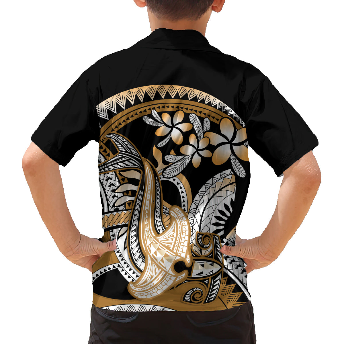 Gold Polynesian Hammerhead Shark Tattoo Family Matching Long Sleeve Bodycon Dress and Hawaiian Shirt Royal Plumeria Gradient Vibes LT14 - Polynesian Pride