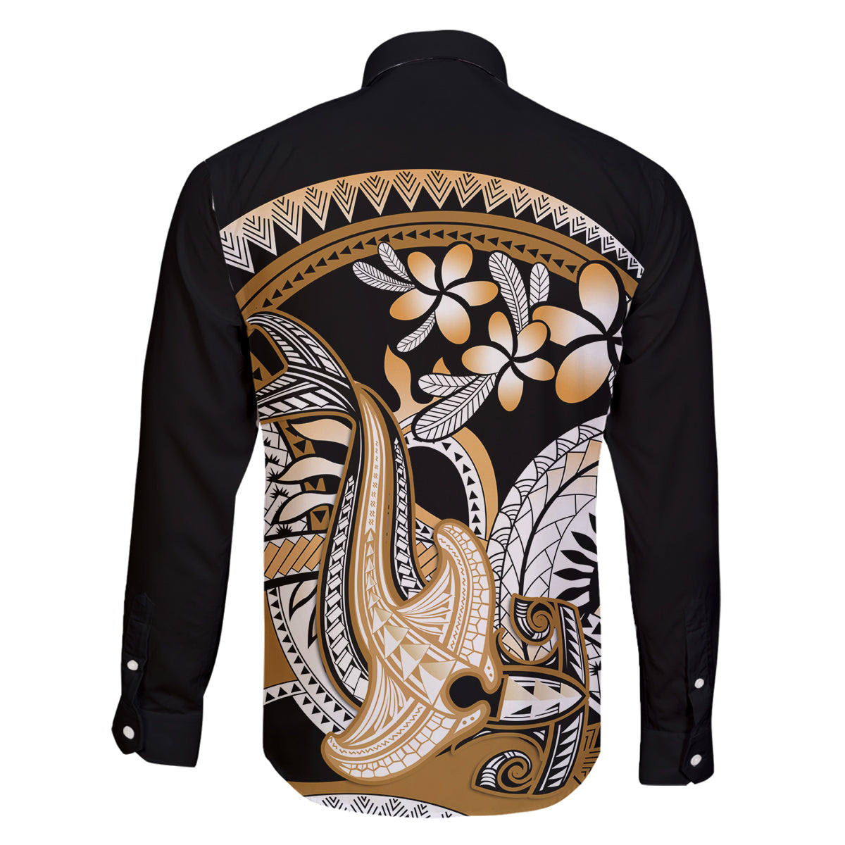 Gold Polynesian Hammerhead Shark Tattoo Family Matching Long Sleeve Bodycon Dress and Hawaiian Shirt Royal Plumeria Gradient Vibes LT14 - Polynesian Pride