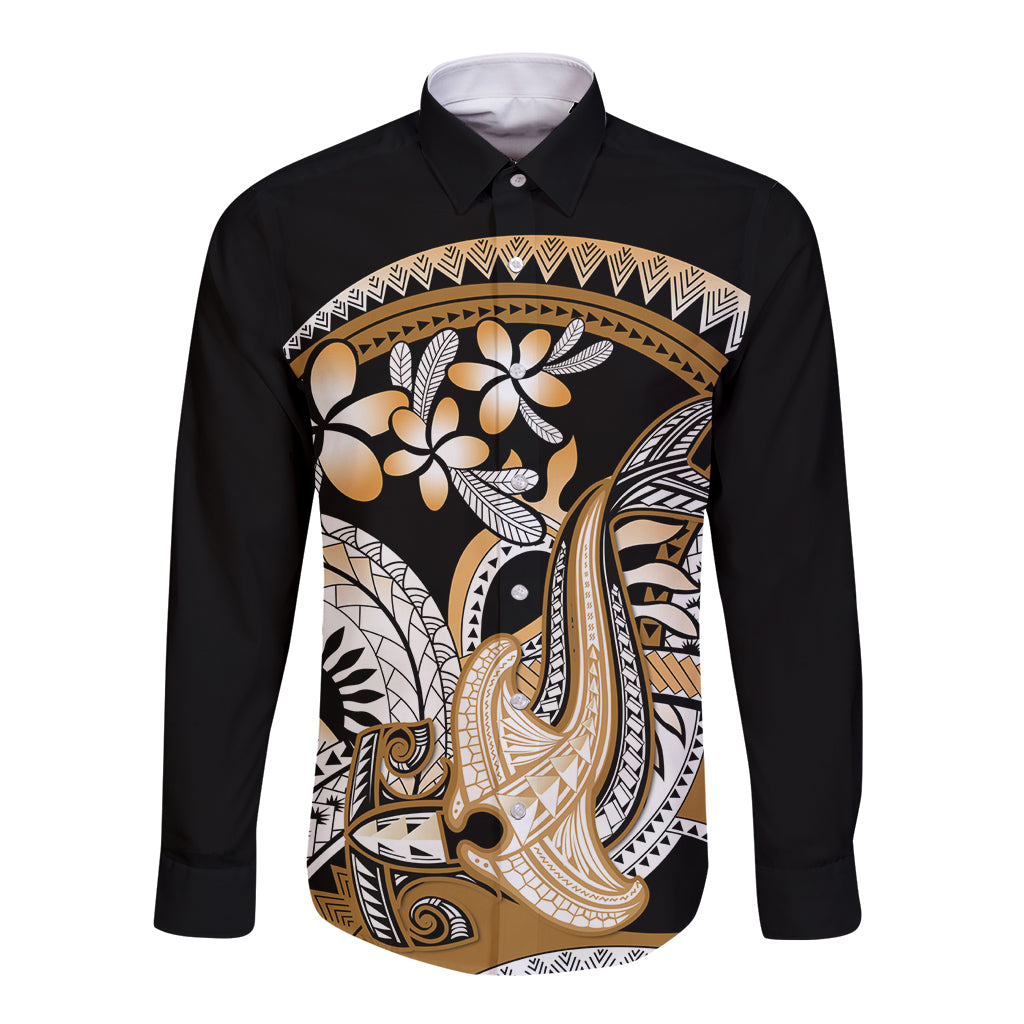 Gold Polynesian Hammerhead Shark Tattoo Long Sleeve Button Shirt Royal Plumeria Gradient Vibes LT14 Unisex Gold - Polynesian Pride