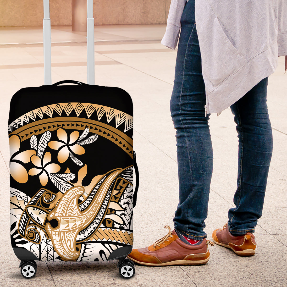 Gold Polynesian Hammerhead Shark Tattoo Luggage Cover Royal Plumeria Gradient Vibes LT14 Gold - Polynesian Pride