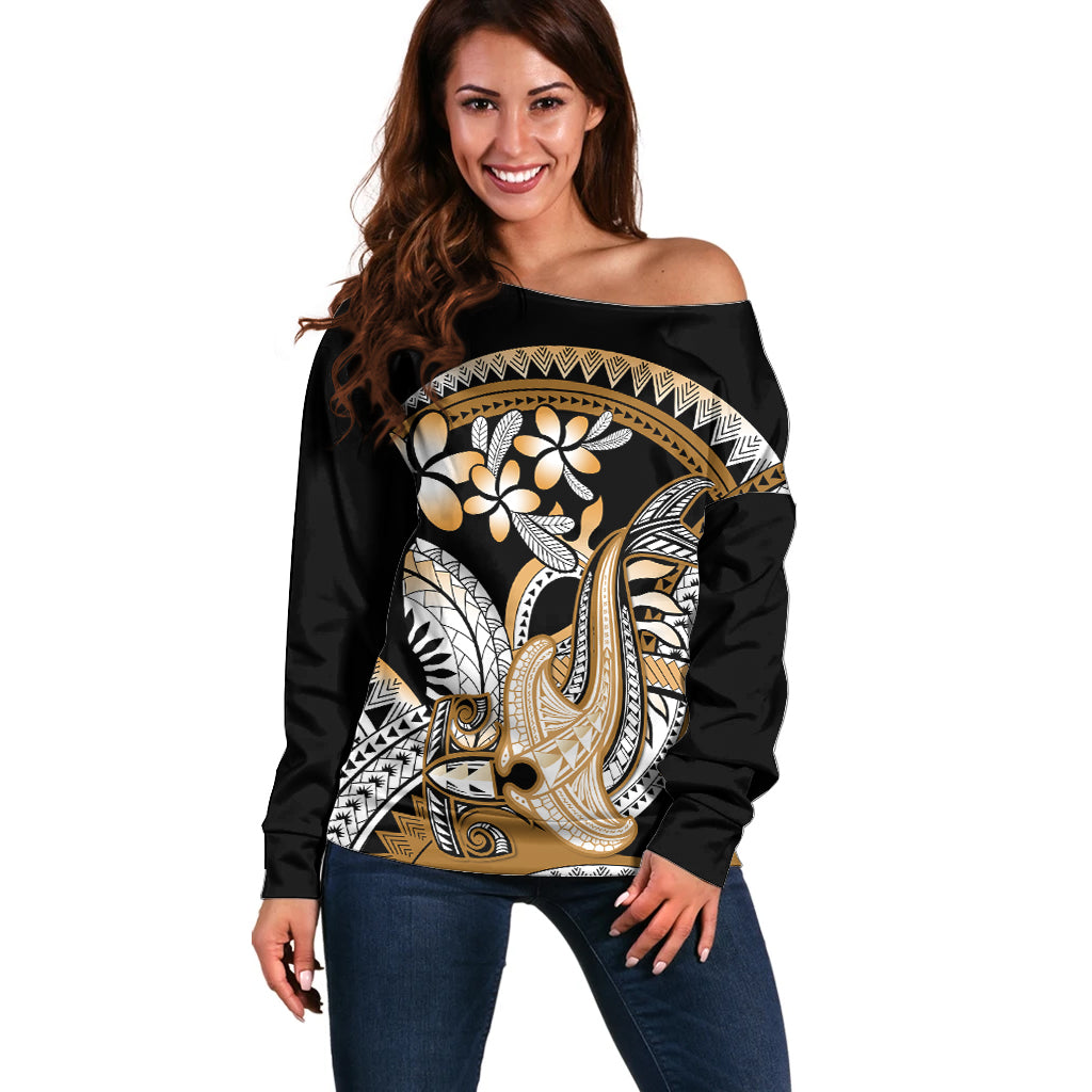 Gold Polynesian Hammerhead Shark Tattoo Off Shoulder Sweater Royal Plumeria Gradient Vibes LT14 Women Gold - Polynesian Pride