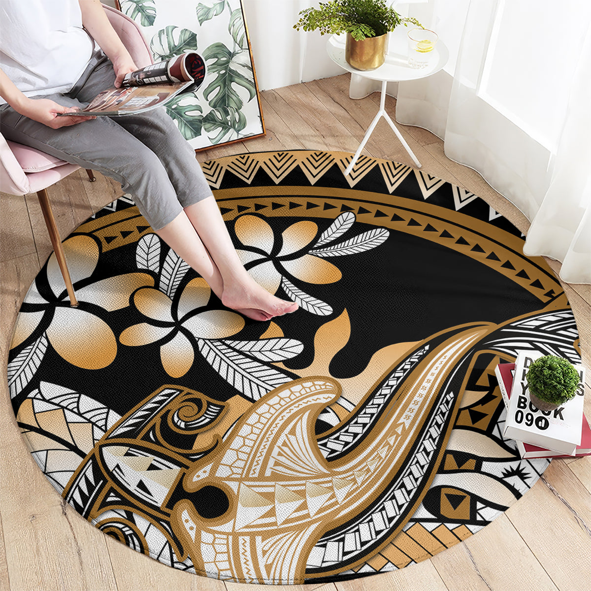 Gold Polynesian Hammerhead Shark Tattoo Round Carpet Royal Plumeria Gradient Vibes LT14 - Polynesian Pride