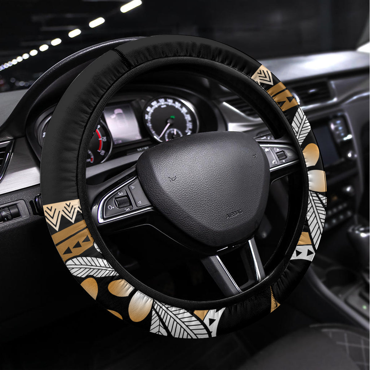 Gold Polynesian Hammerhead Shark Tattoo Steering Wheel Cover Royal Plumeria Gradient Vibes LT14 Universal Fit Gold - Polynesian Pride