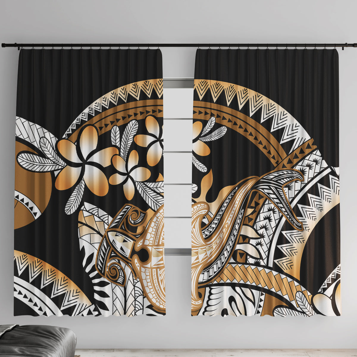 Gold Polynesian Hammerhead Shark Tattoo Window Curtain Royal Plumeria Gradient Vibes LT14 With Hooks Gold - Polynesian Pride