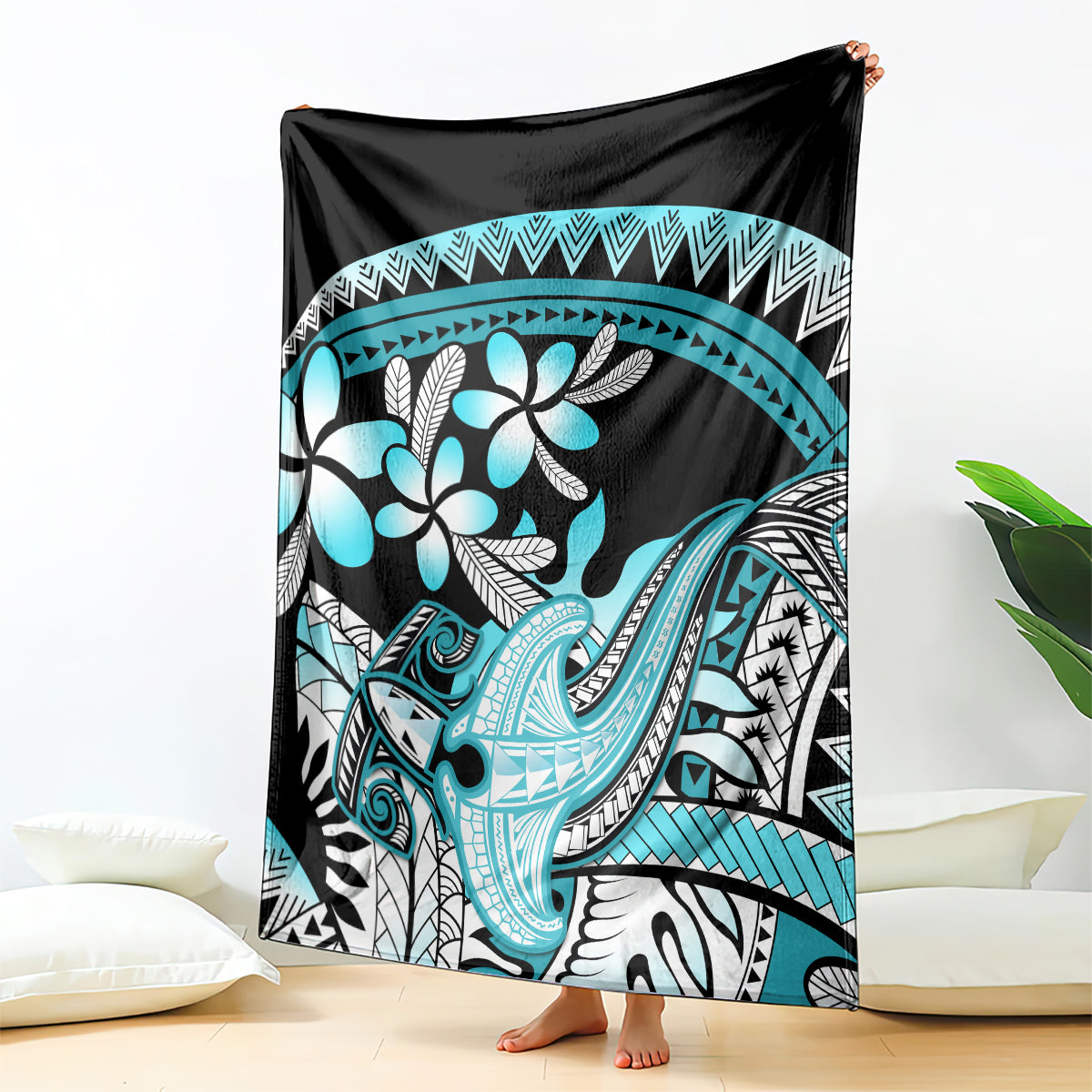 Turquoise Polynesian Hammerhead Shark Tattoo Blanket Royal Plumeria Gradient Vibes LT14 - Polynesian Pride
