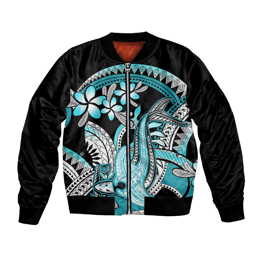 Turquoise Polynesian Hammerhead Shark Tattoo Bomber Jacket Royal Plumeria Gradient Vibes LT14 Unisex Turquoise - Polynesian Pride