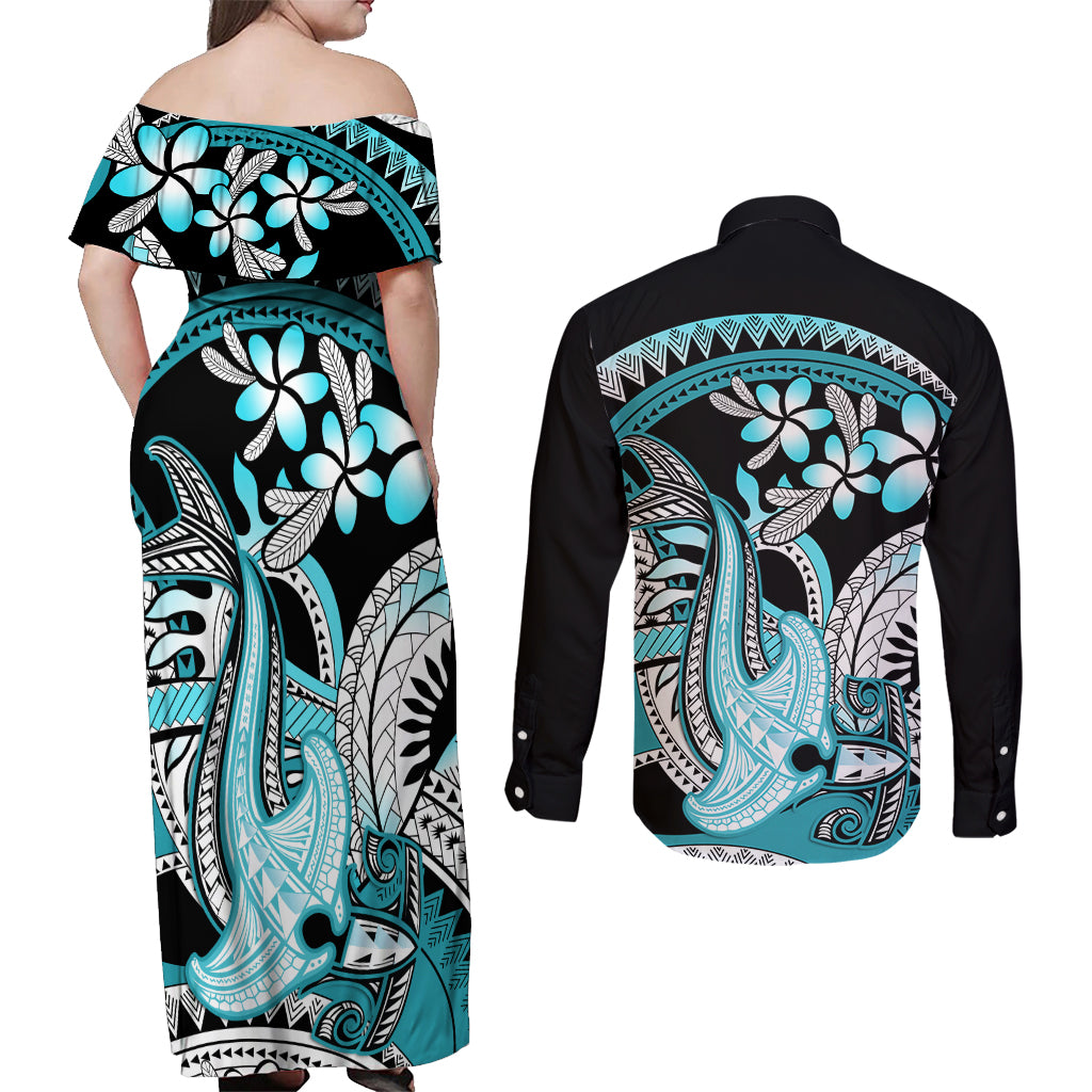 Turquoise Polynesian Hammerhead Shark Tattoo Couples Matching Off Shoulder Maxi Dress and Long Sleeve Button Shirt Royal Plumeria Gradient Vibes LT14 - Polynesian Pride