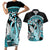 Turquoise Polynesian Hammerhead Shark Tattoo Couples Matching Short Sleeve Bodycon Dress and Hawaiian Shirt Royal Plumeria Gradient Vibes LT14 Turquoise - Polynesian Pride