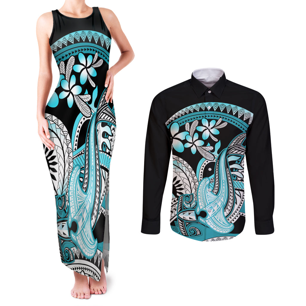 Turquoise Polynesian Hammerhead Shark Tattoo Couples Matching Tank Maxi Dress and Long Sleeve Button Shirt Royal Plumeria Gradient Vibes LT14 Turquoise - Polynesian Pride