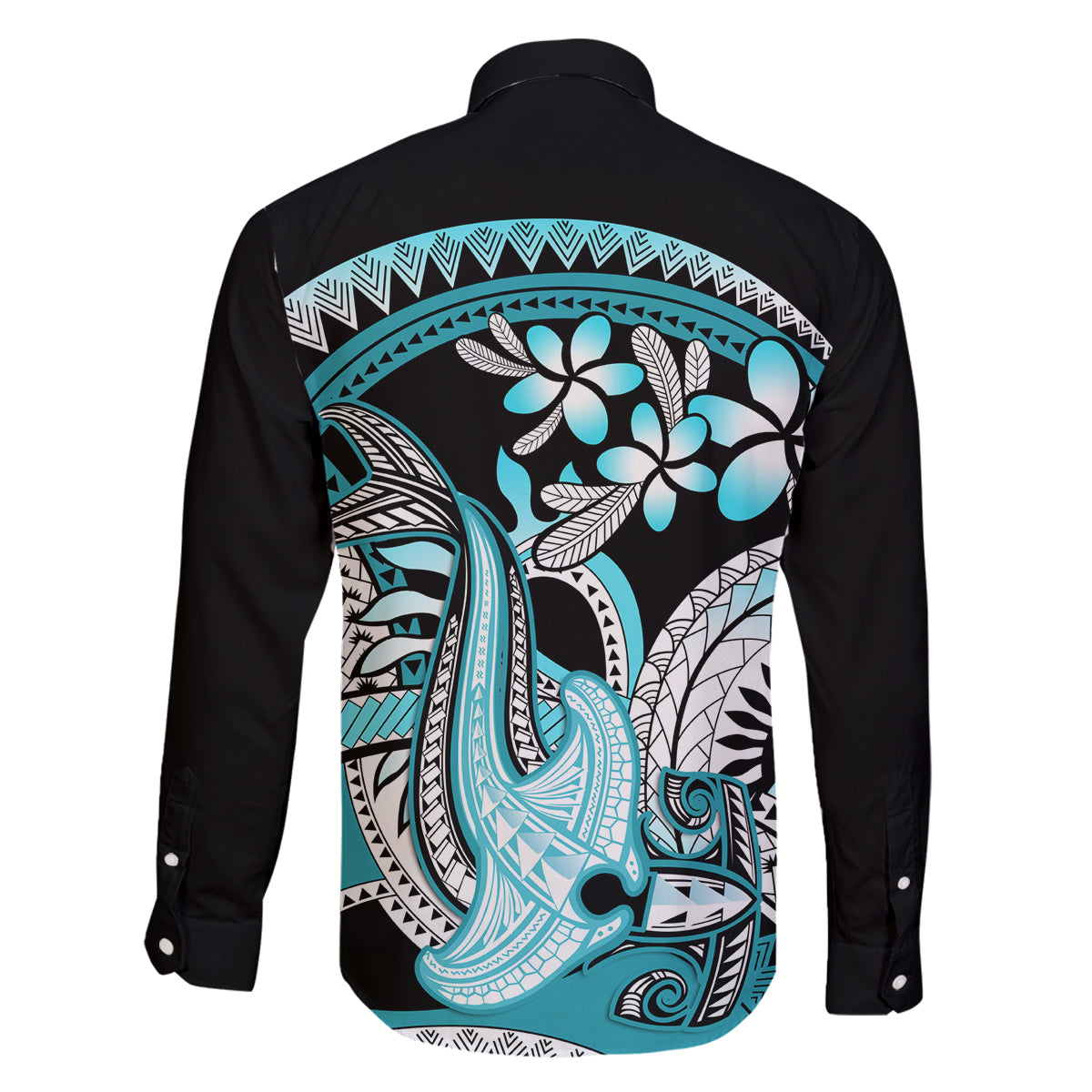 Turquoise Polynesian Hammerhead Shark Tattoo Family Matching Off Shoulder Long Sleeve Dress and Hawaiian Shirt Royal Plumeria Gradient Vibes LT14 - Polynesian Pride
