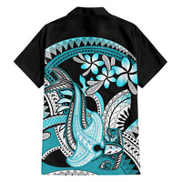 Turquoise Polynesian Hammerhead Shark Tattoo Family Matching Short Sleeve Bodycon Dress and Hawaiian Shirt Royal Plumeria Gradient Vibes LT14 - Polynesian Pride