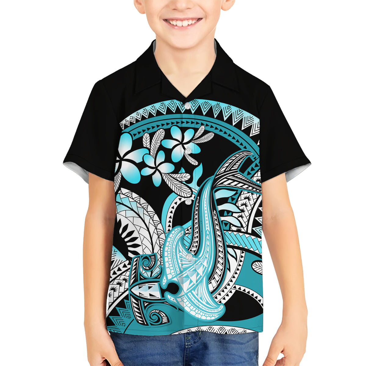 Turquoise Polynesian Hammerhead Shark Tattoo Kid Hawaiian Shirt Royal Plumeria Gradient Vibes LT14 Kid Turquoise - Polynesian Pride