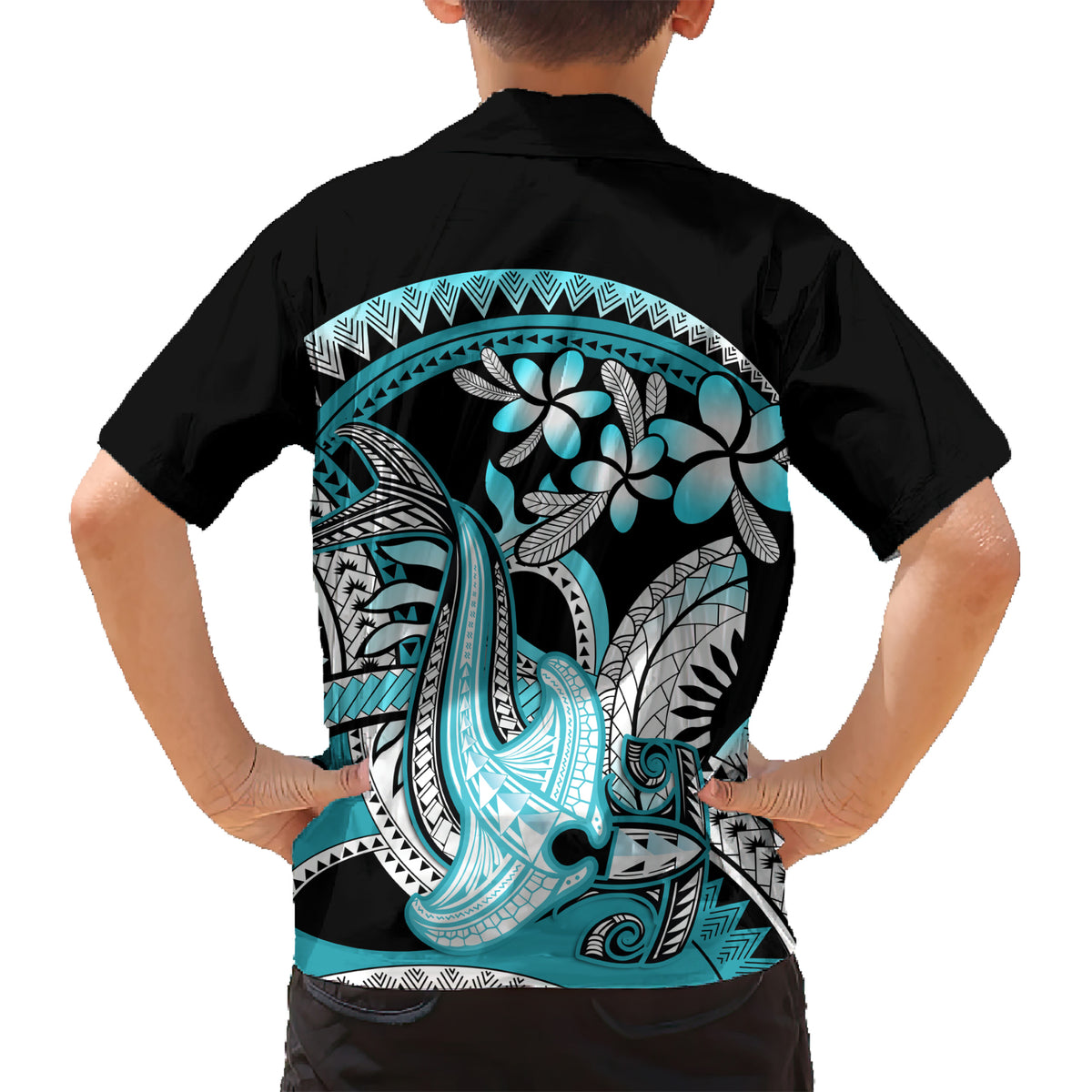 Turquoise Polynesian Hammerhead Shark Tattoo Kid Hawaiian Shirt Royal Plumeria Gradient Vibes LT14 - Polynesian Pride
