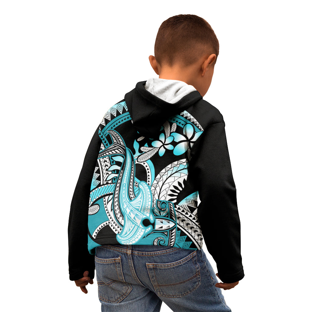 Turquoise Polynesian Hammerhead Shark Tattoo Kid Hoodie Royal Plumeria Gradient Vibes LT14 - Polynesian Pride