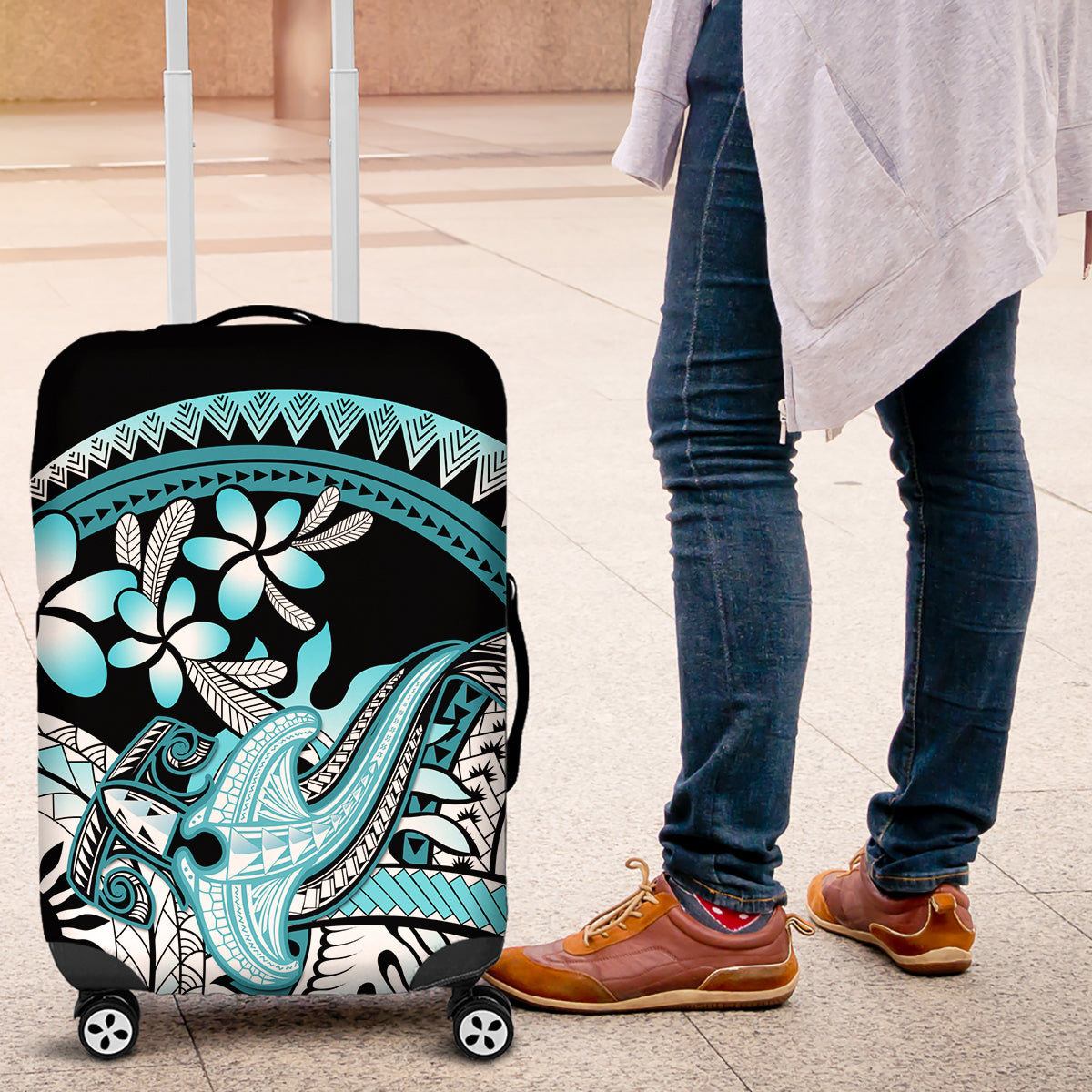 Turquoise Polynesian Hammerhead Shark Tattoo Luggage Cover Royal Plumeria Gradient Vibes LT14 Turquoise - Polynesian Pride