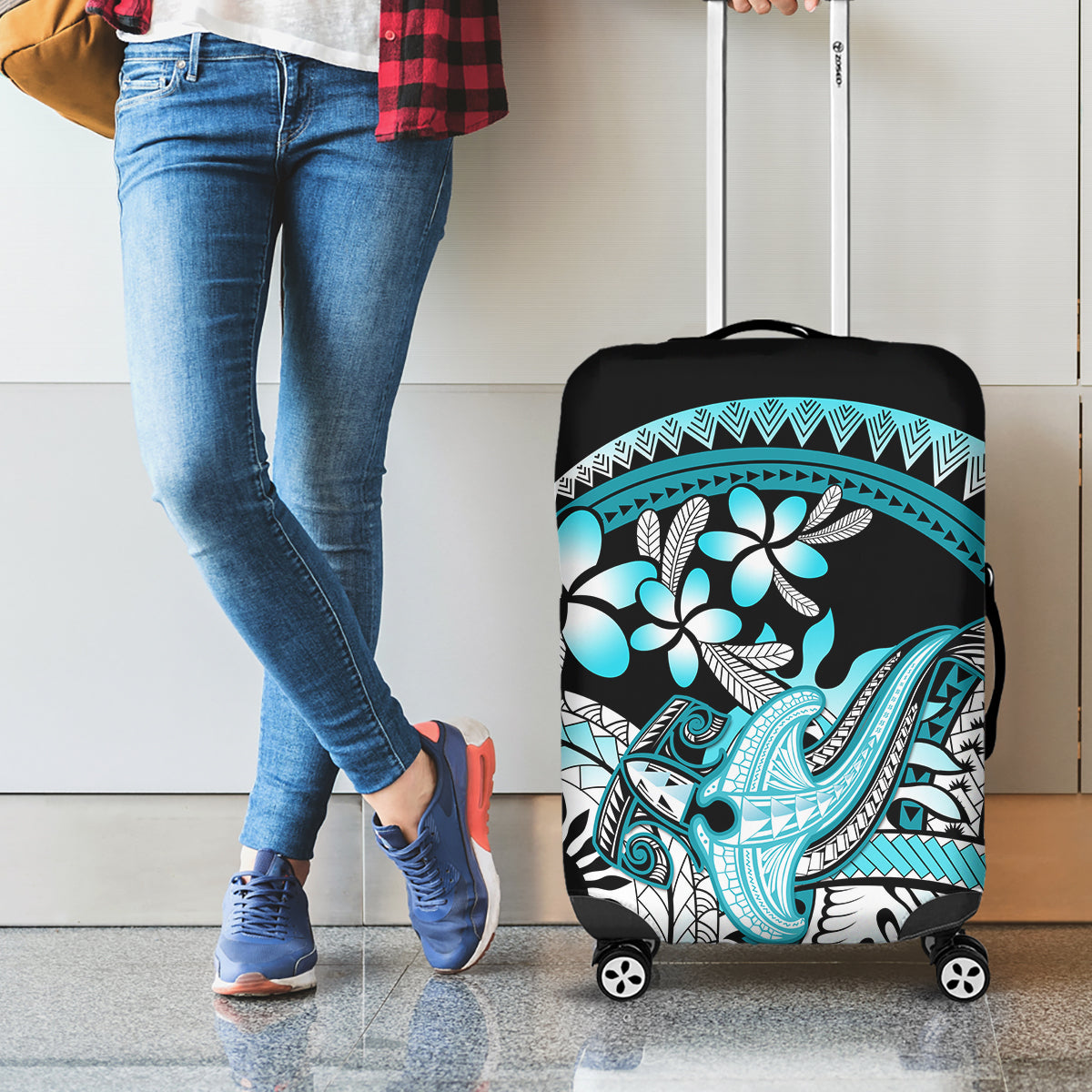 Turquoise Polynesian Hammerhead Shark Tattoo Luggage Cover Royal Plumeria Gradient Vibes LT14 - Polynesian Pride