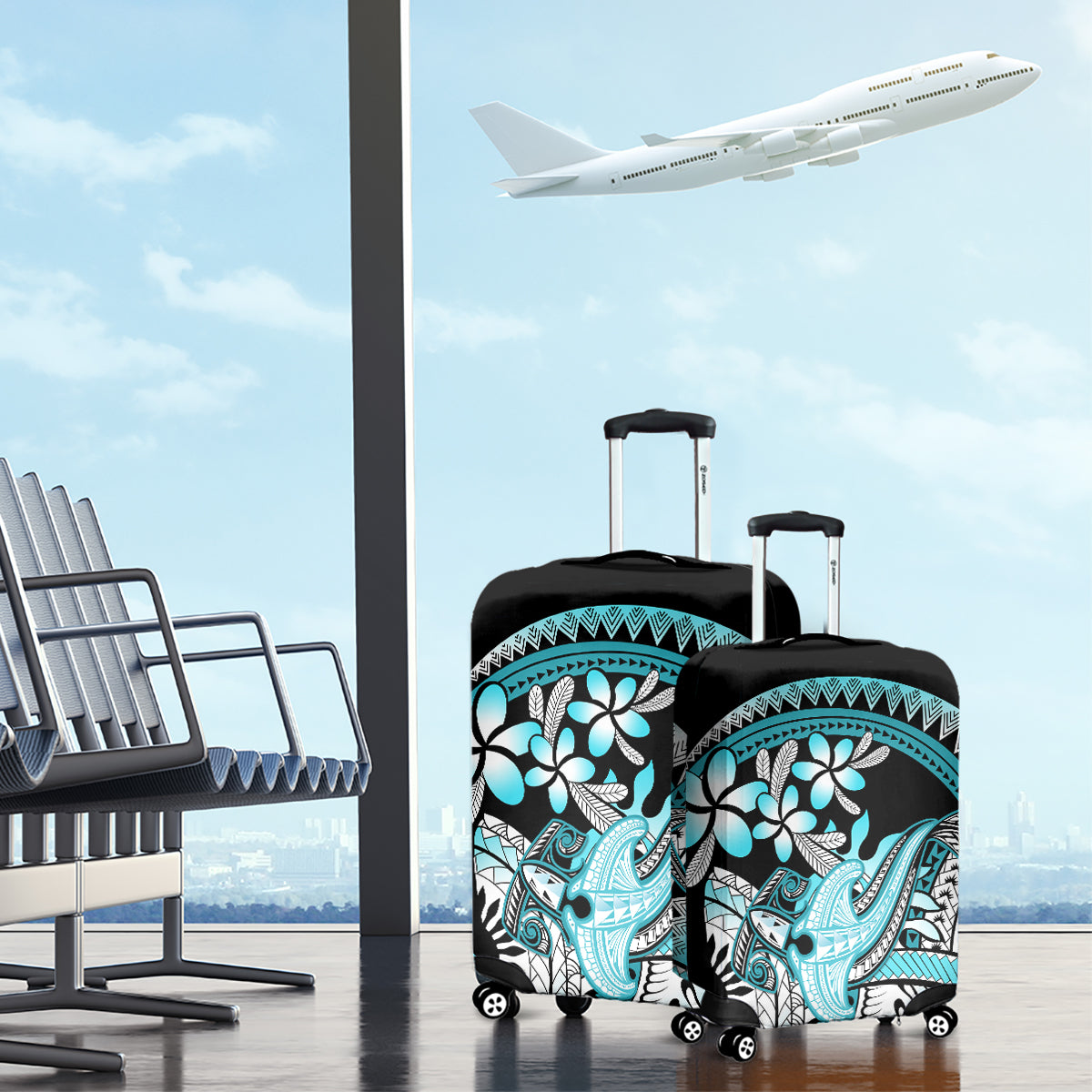 Turquoise Polynesian Hammerhead Shark Tattoo Luggage Cover Royal Plumeria Gradient Vibes LT14 - Polynesian Pride