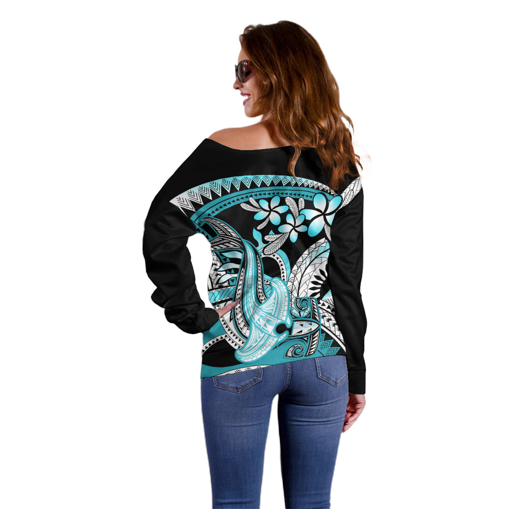 Turquoise Polynesian Hammerhead Shark Tattoo Off Shoulder Sweater Royal Plumeria Gradient Vibes LT14 - Polynesian Pride