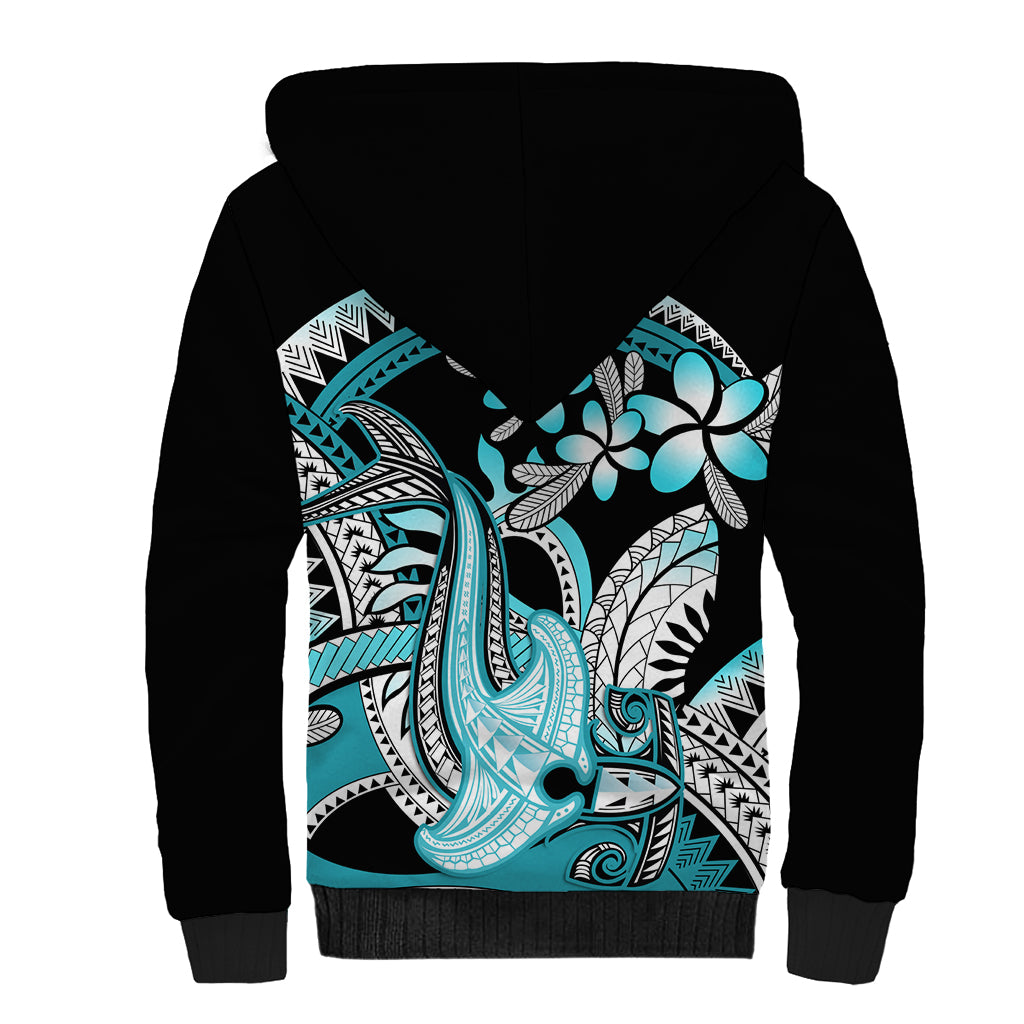 Turquoise Polynesian Hammerhead Shark Tattoo Sherpa Hoodie Royal Plumeria Gradient Vibes LT14 - Polynesian Pride