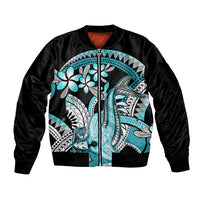 Turquoise Polynesian Hammerhead Shark Tattoo Sleeve Zip Bomber Jacket Royal Plumeria Gradient Vibes LT14 Unisex Turquoise - Polynesian Pride