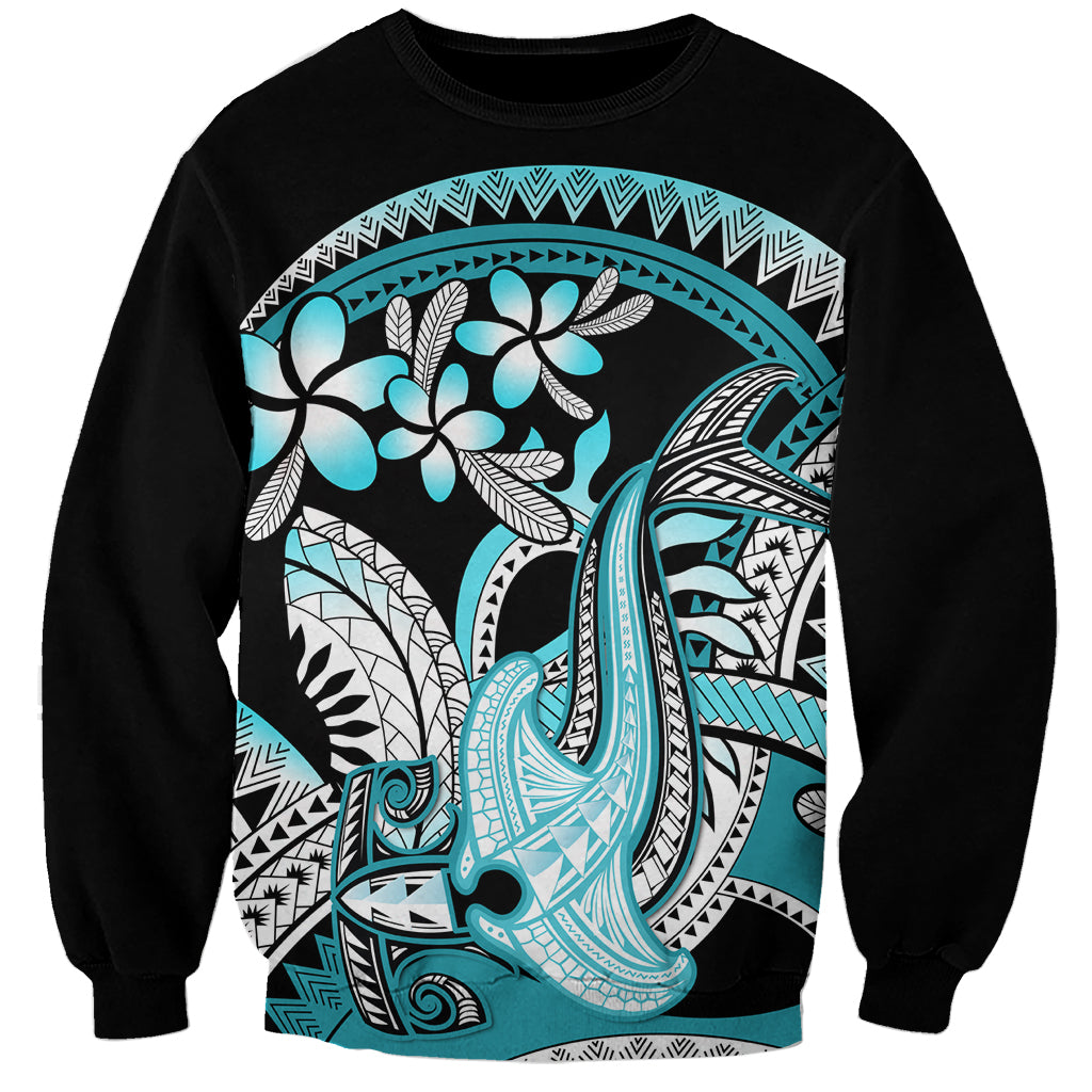 Turquoise Polynesian Hammerhead Shark Tattoo Sweatshirt Royal Plumeria Gradient Vibes LT14 Unisex Turquoise - Polynesian Pride