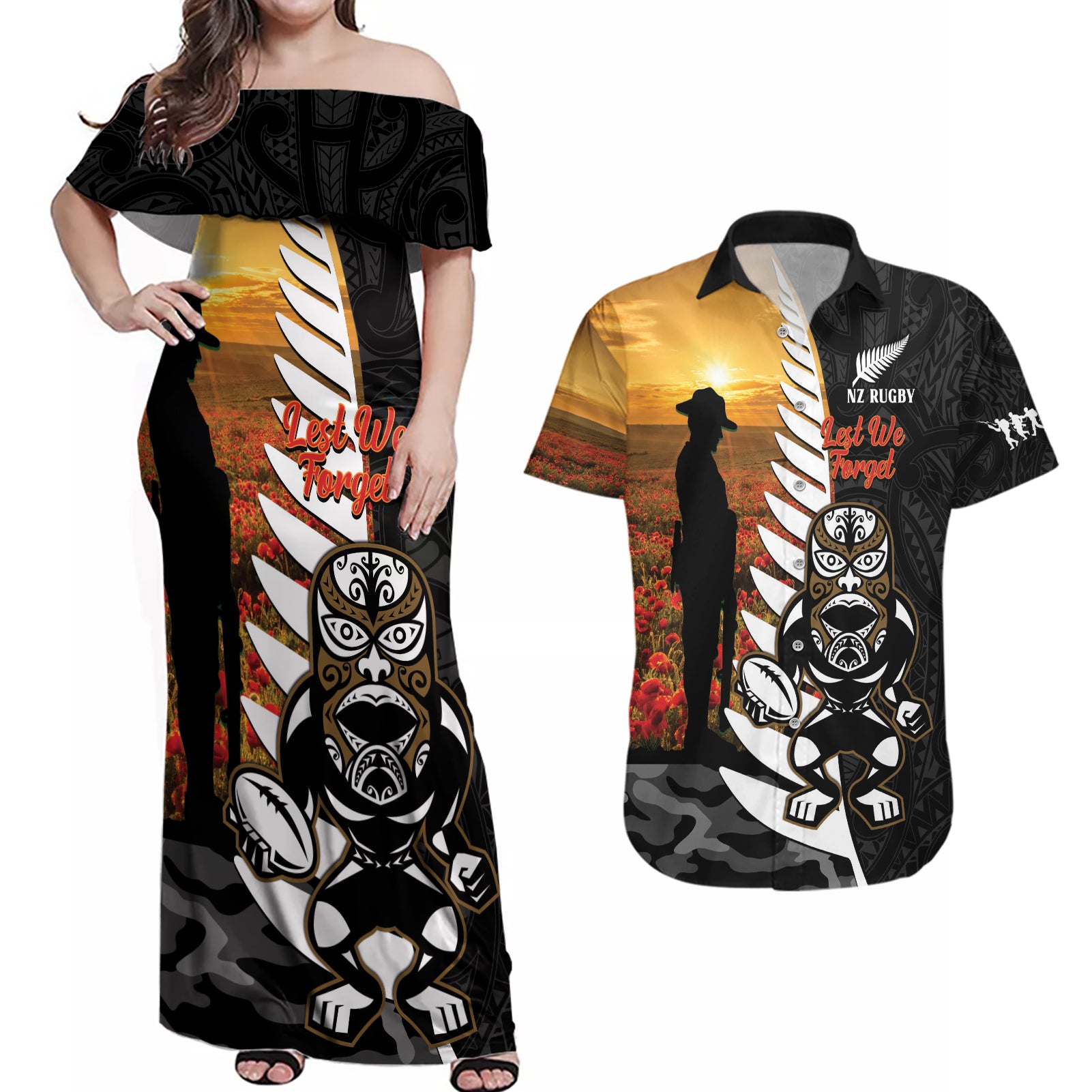 Custom New Zealand Silver Fern Rugby ANZAC Day Couples Matching Off Shoulder Maxi Dress and Hawaiian Shirt 2024 All Black Tiki Mascot LT14 Black - Polynesian Pride