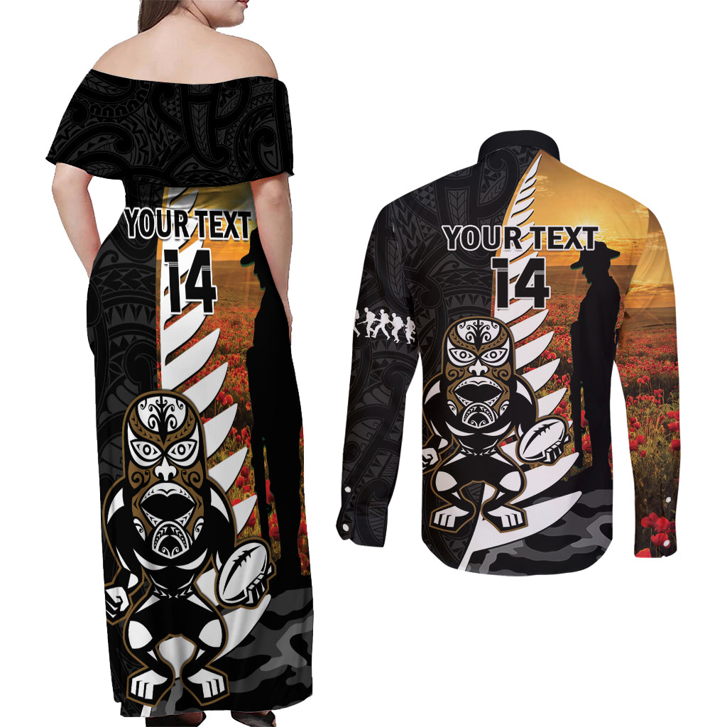 Custom New Zealand Silver Fern Rugby ANZAC Day Couples Matching Off Shoulder Maxi Dress and Long Sleeve Button Shirt 2024 All Black Tiki Mascot LT14 - Polynesian Pride