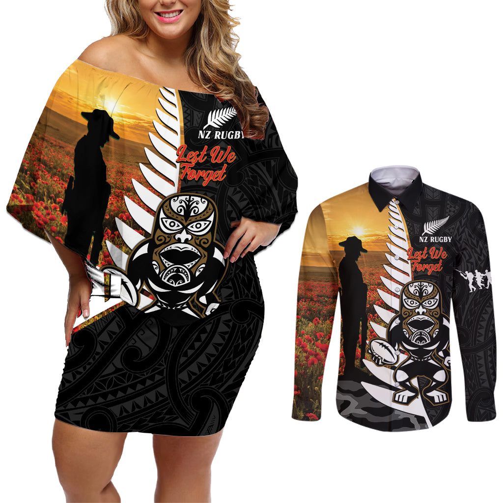 Custom New Zealand Silver Fern Rugby ANZAC Day Couples Matching Off Shoulder Short Dress and Long Sleeve Button Shirt 2024 All Black Tiki Mascot LT14 Black - Polynesian Pride