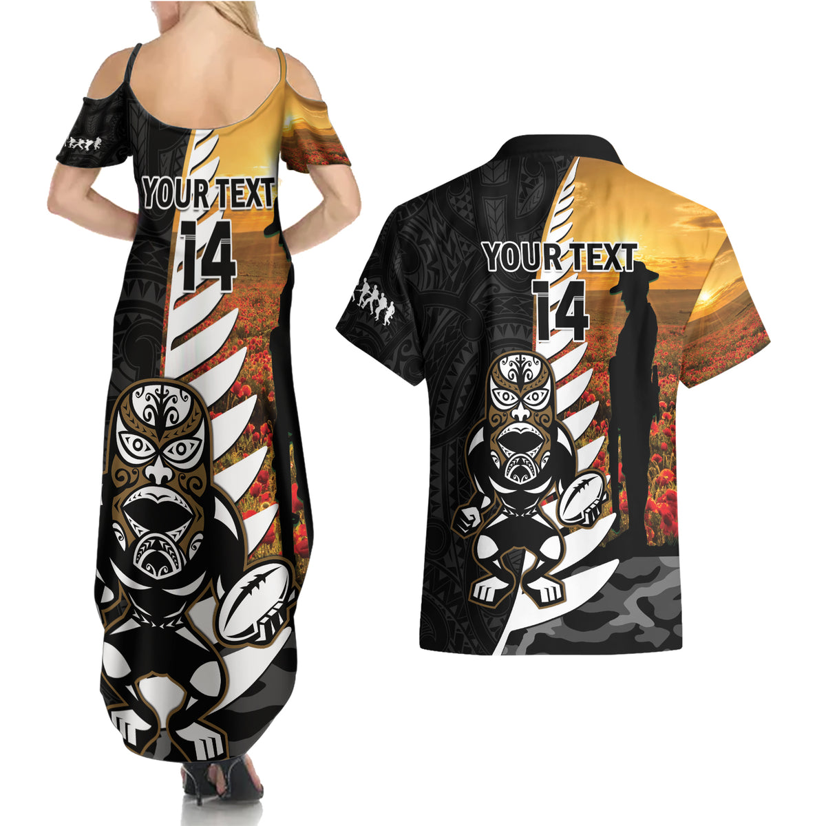Custom New Zealand Silver Fern Rugby ANZAC Day Couples Matching Summer Maxi Dress and Hawaiian Shirt 2024 All Black Tiki Mascot LT14 - Polynesian Pride