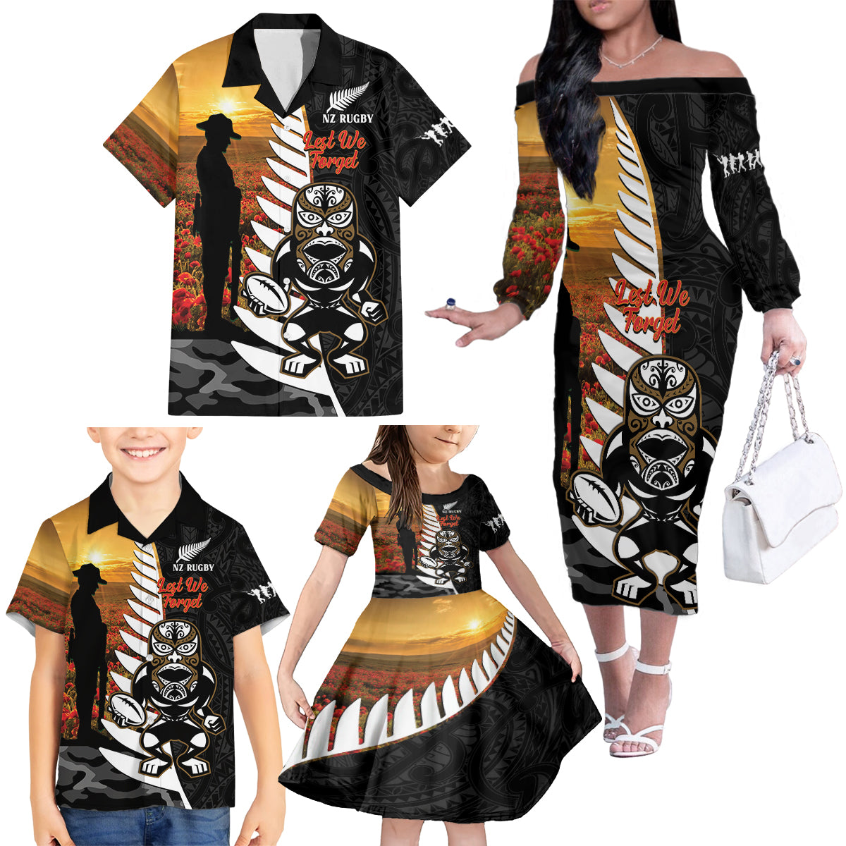 Custom New Zealand Silver Fern Rugby ANZAC Day Family Matching Off Shoulder Long Sleeve Dress and Hawaiian Shirt 2024 All Black Tiki Mascot LT14 - Polynesian Pride