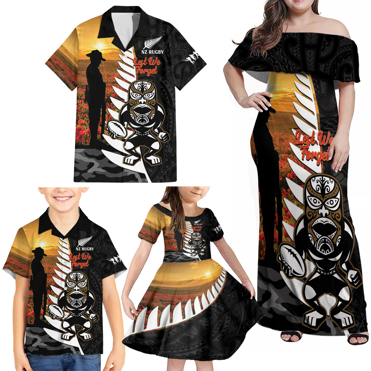 Custom New Zealand Silver Fern Rugby ANZAC Day Family Matching Off Shoulder Maxi Dress and Hawaiian Shirt 2024 All Black Tiki Mascot LT14 - Polynesian Pride