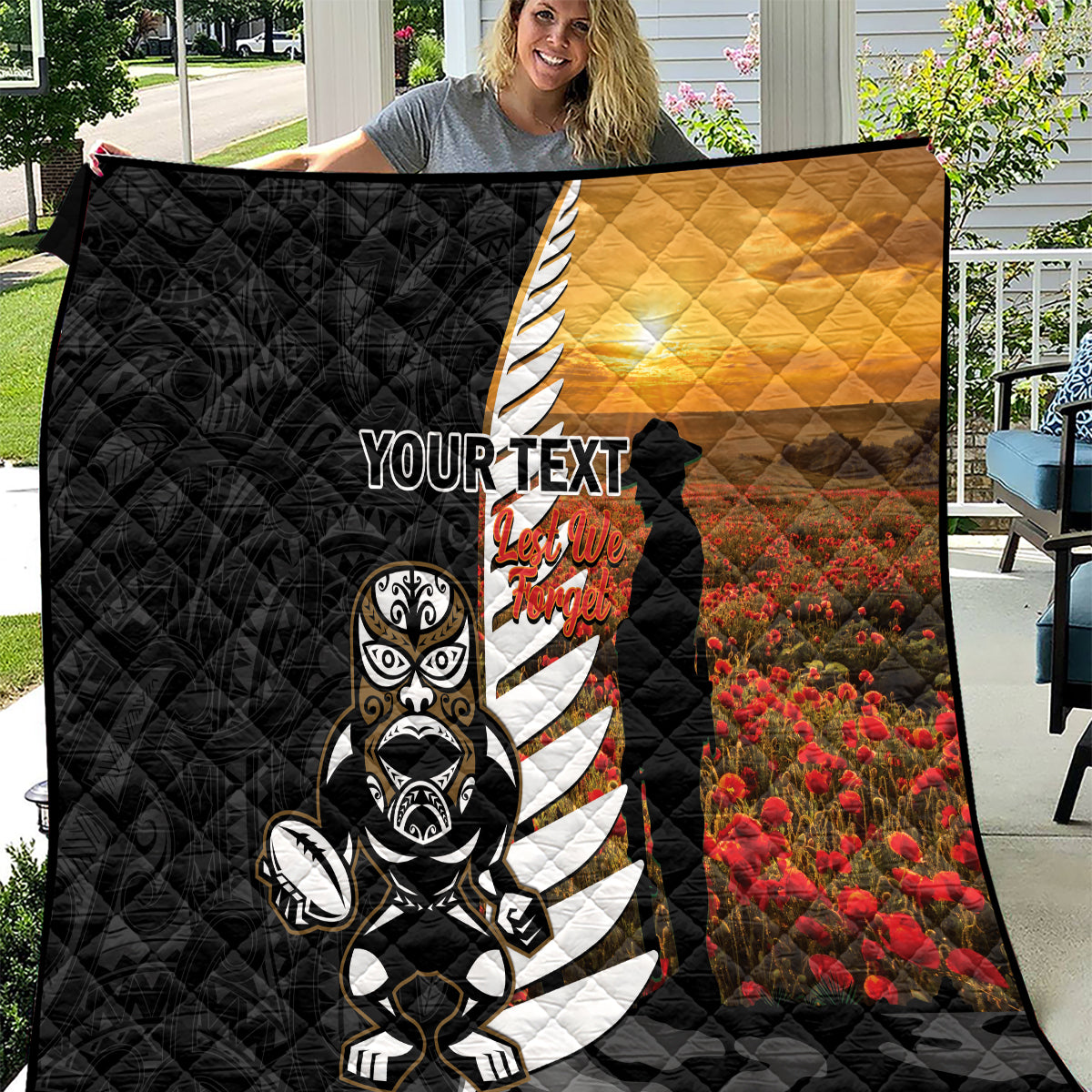 Custom New Zealand Silver Fern Rugby ANZAC Day Quilt 2024 All Black Tiki Mascot LT14 Black - Polynesian Pride