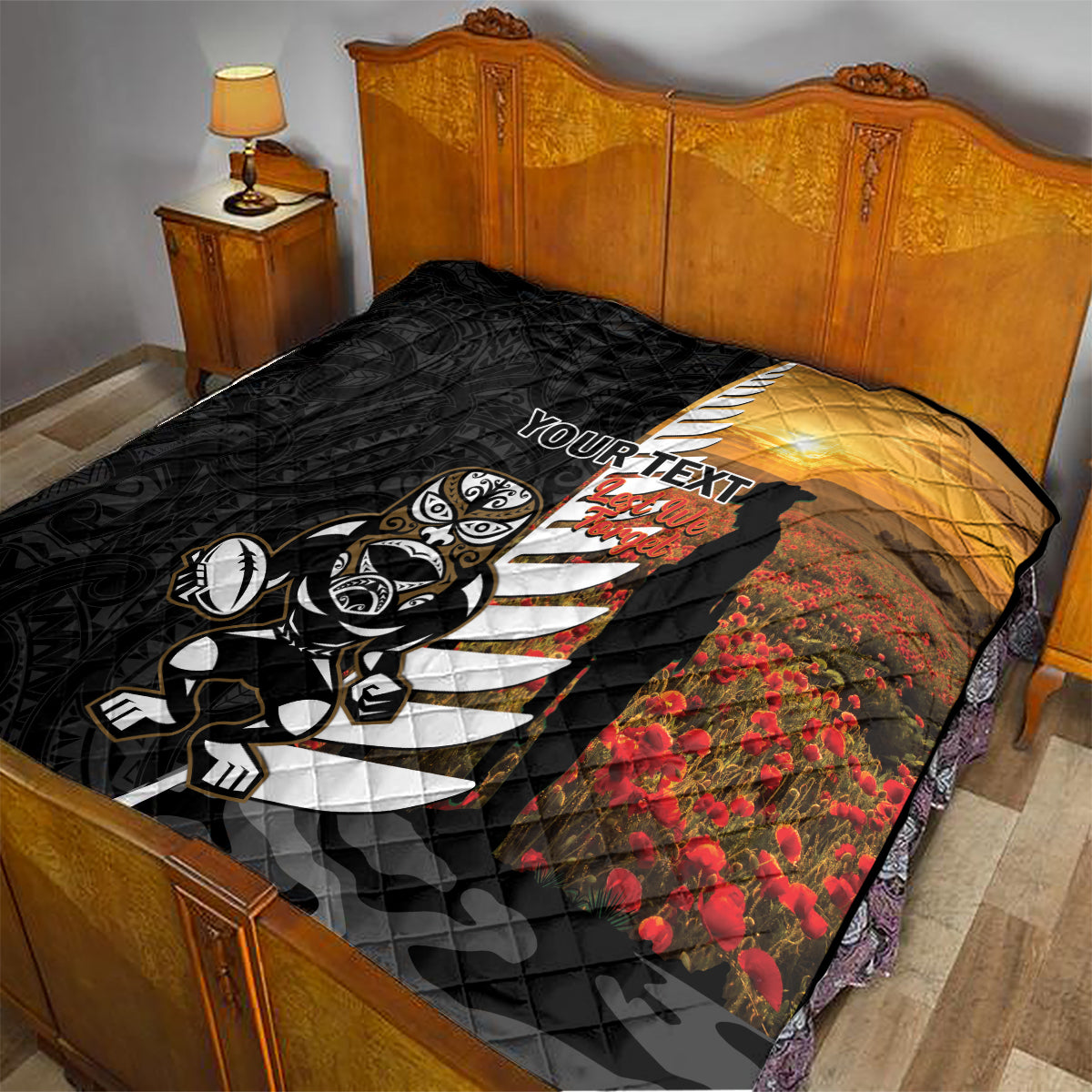 Custom New Zealand Silver Fern Rugby ANZAC Day Quilt 2024 All Black Tiki Mascot LT14 - Polynesian Pride