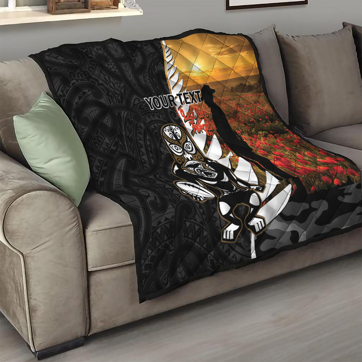Custom New Zealand Silver Fern Rugby ANZAC Day Quilt 2024 All Black Tiki Mascot LT14 - Polynesian Pride