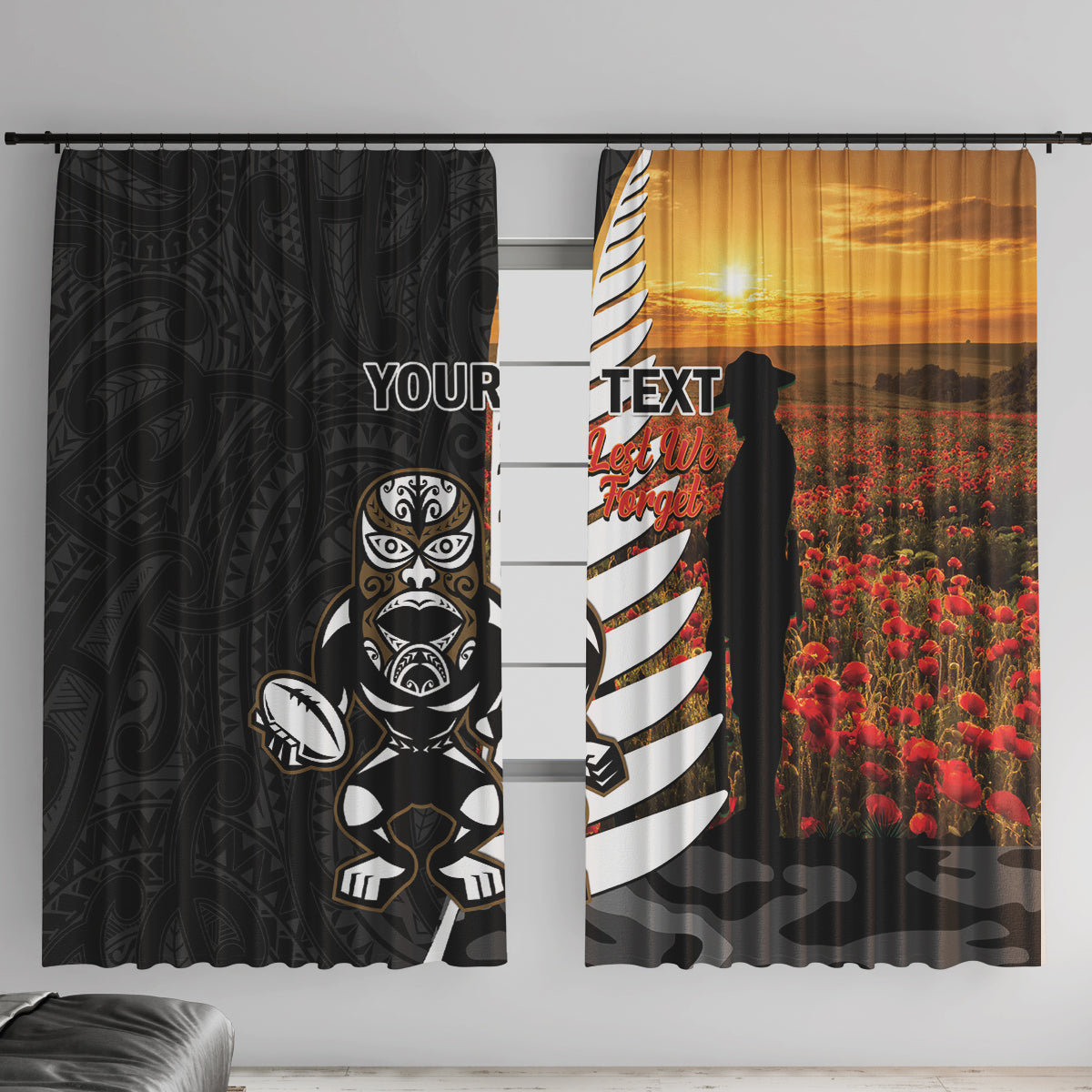 Custom New Zealand Silver Fern Rugby ANZAC Day Window Curtain 2024 All Black Tiki Mascot LT14 With Hooks Black - Polynesian Pride